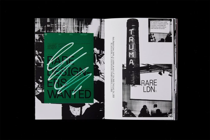Opened magazine with green graphic design on left page and black-and-white photos/text collage layout on right page, viewed from above.