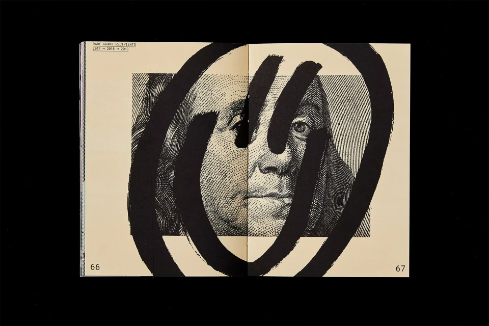 Open book pages display an illustration of Benjamin Franklin, with bold black curved brushstrokes obscuring the center on a black background.