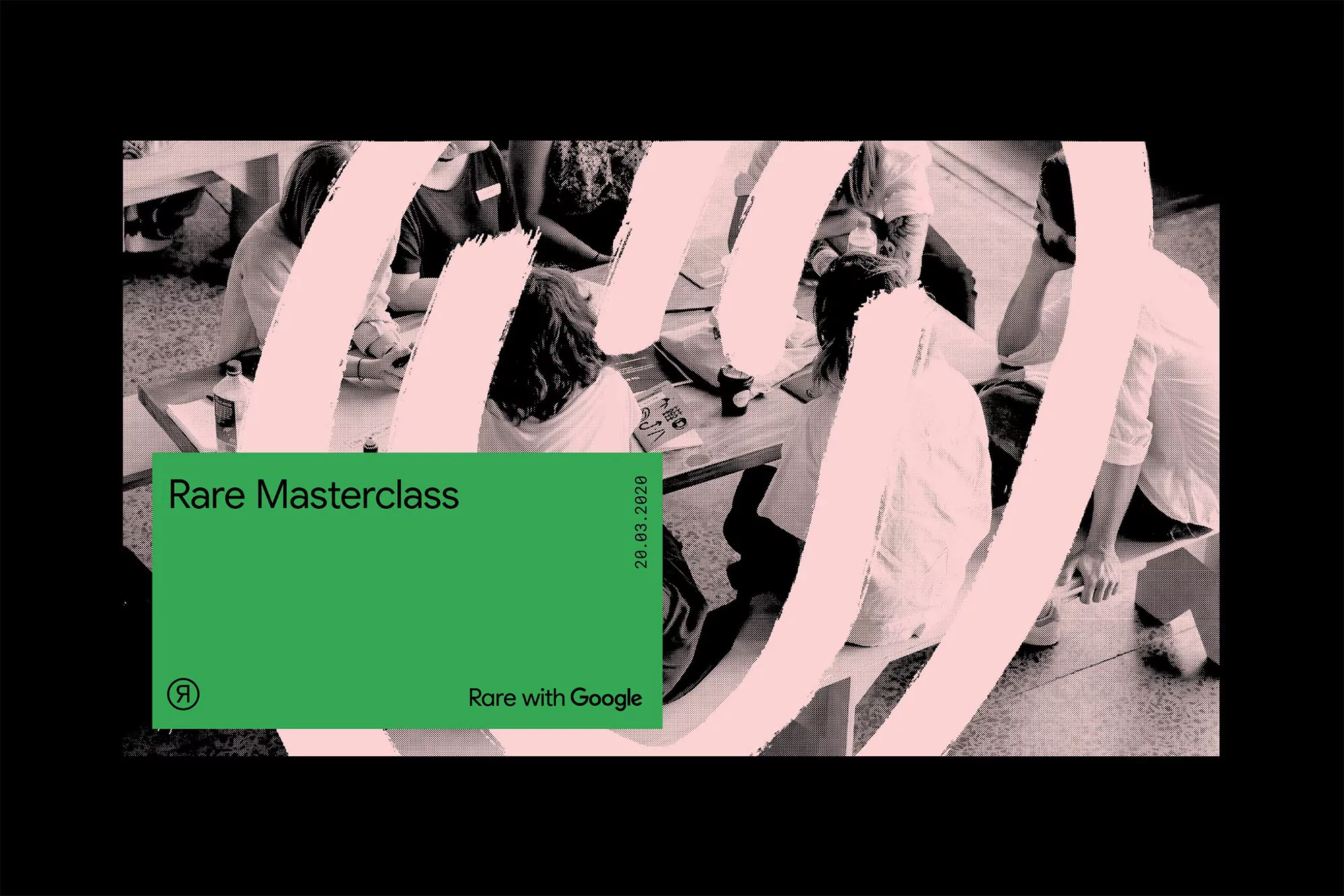 Group of people at a table in a room. Text overlays the image, including the words 'Rare Masterclass' and the date '28.03.2020'.