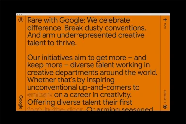 Browser window featuring bold black typography on an orange background for Rare with Google brand identity