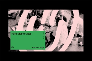 Black and white overhead photo of a group seated around a table with overlaid pink brush strokes and a green rectangular card graphic.