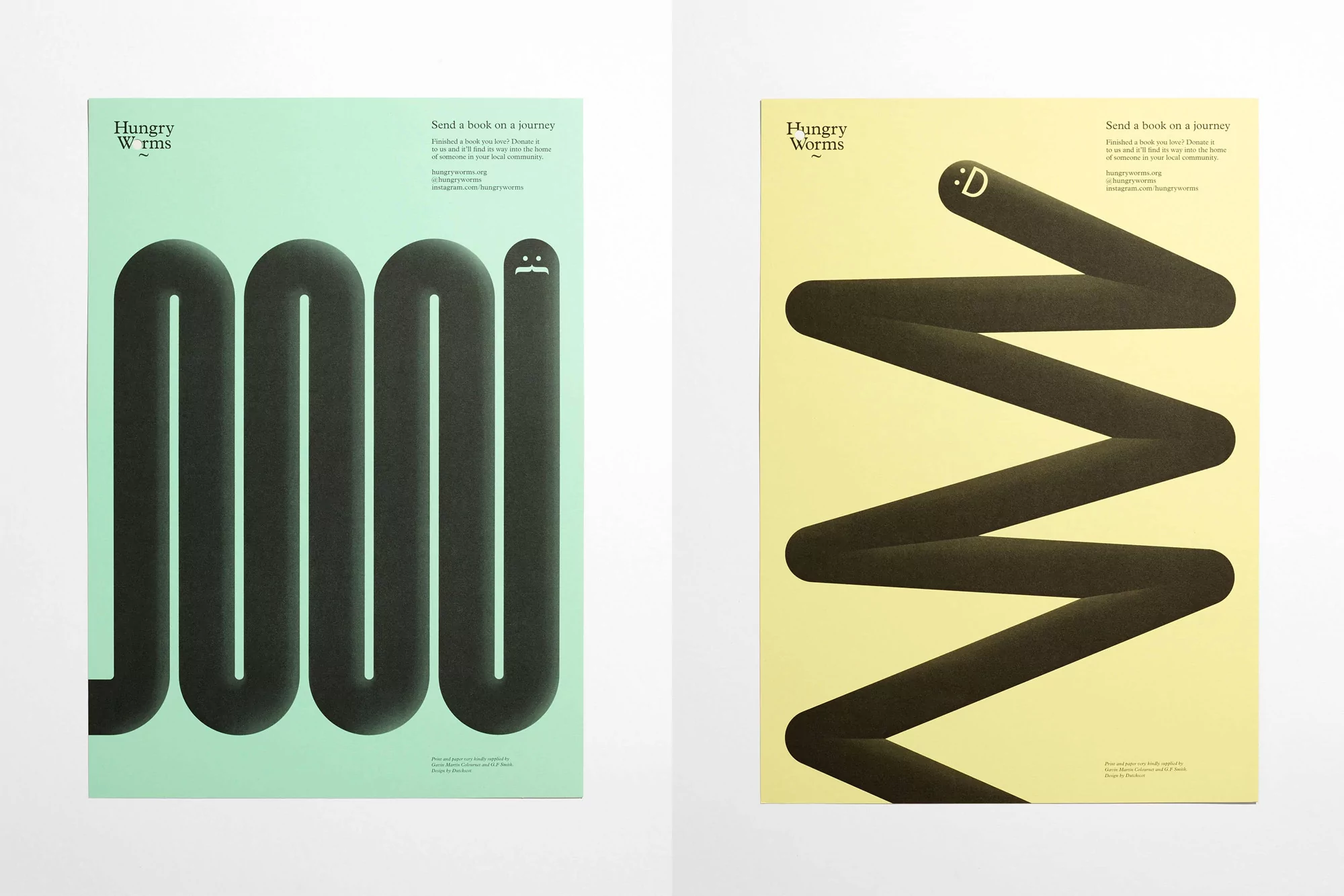 Two advertising posters for Hungry Worms displaying winding black lines on pastel yellow and green backgrounds with promotional text.