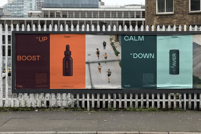 Outdoor advertising billboard featuring the brand Aver with images of running people, skincare products, and beverages on a city street.
