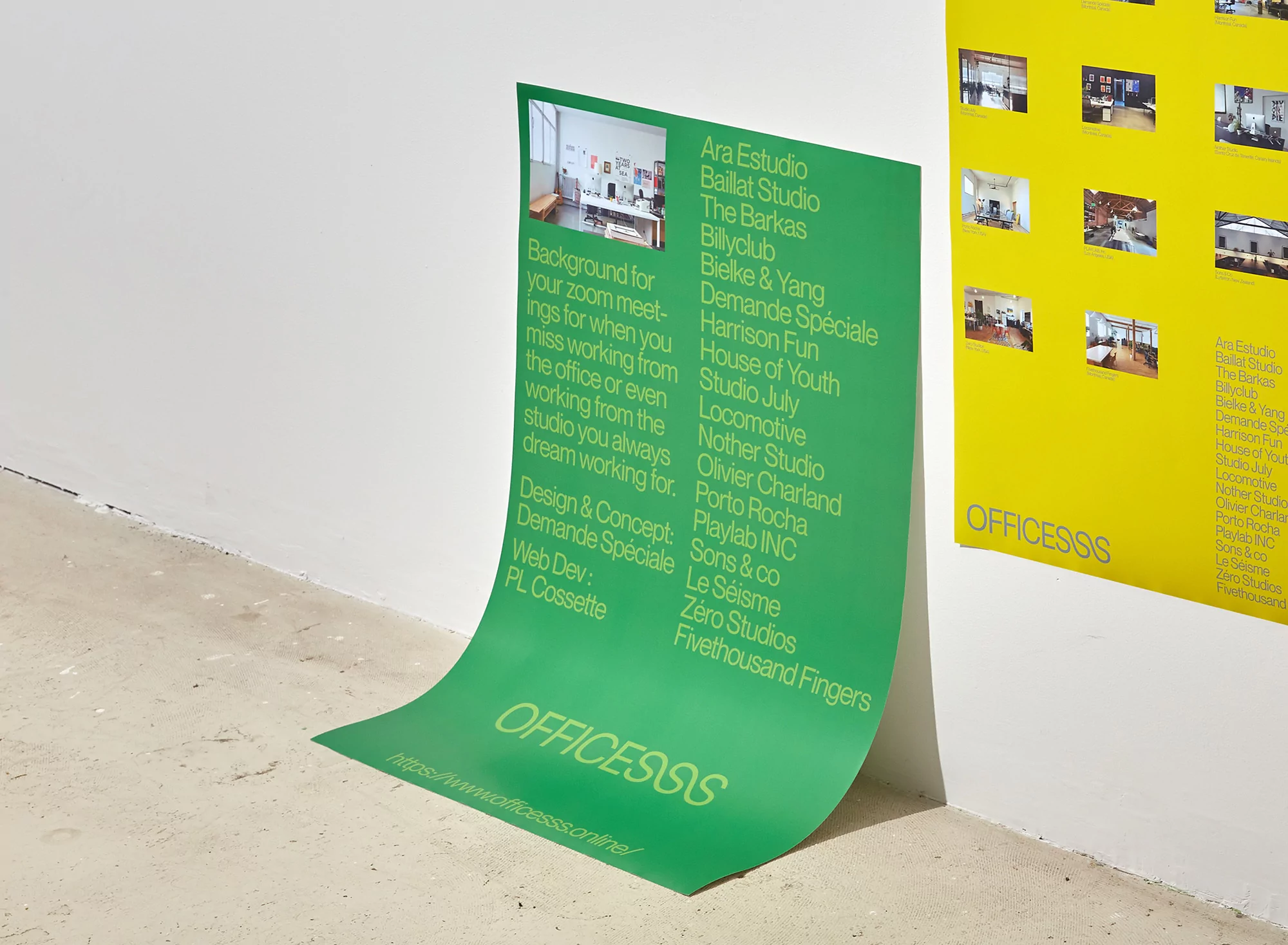 Green and yellow posters on a white wall, featuring a list of names and office interiors; design concept and web developer information.