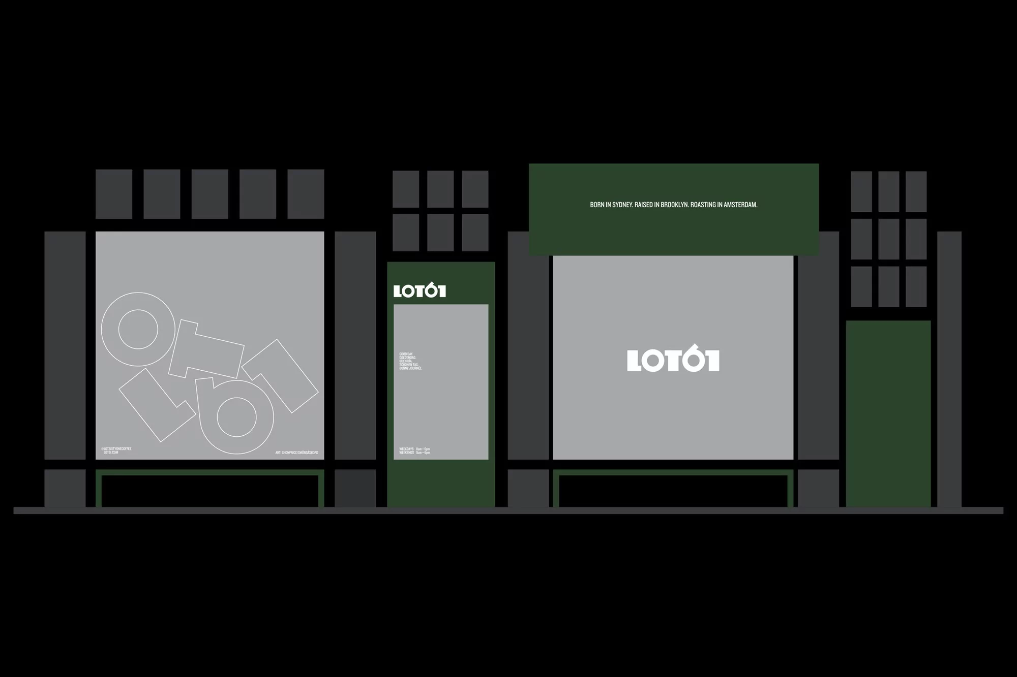 Abstract graphic art featuring the Lotó1 logo in white and shades of green and grey on a black background, modern minimalist style.
