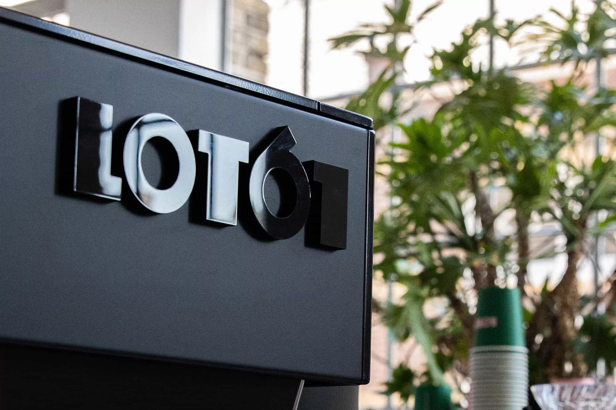 Close-up of the 'LOTO61' logo on a dark surface, with blurred plants and window light in the background, suggesting an indoor cafe setting.