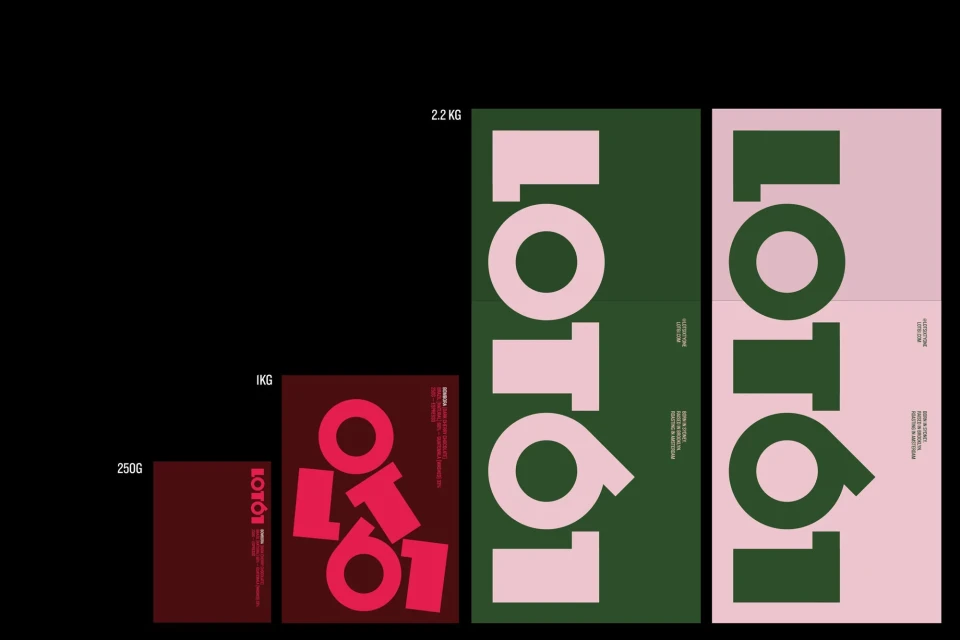 Minimalist product packaging featuring stacked boxes with the 'LOTO1' brand, showcasing varying sizes against a dark background.