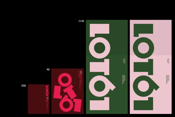 Minimalist product packaging featuring stacked boxes with the 'LOTO1' brand, showcasing varying sizes against a dark background.