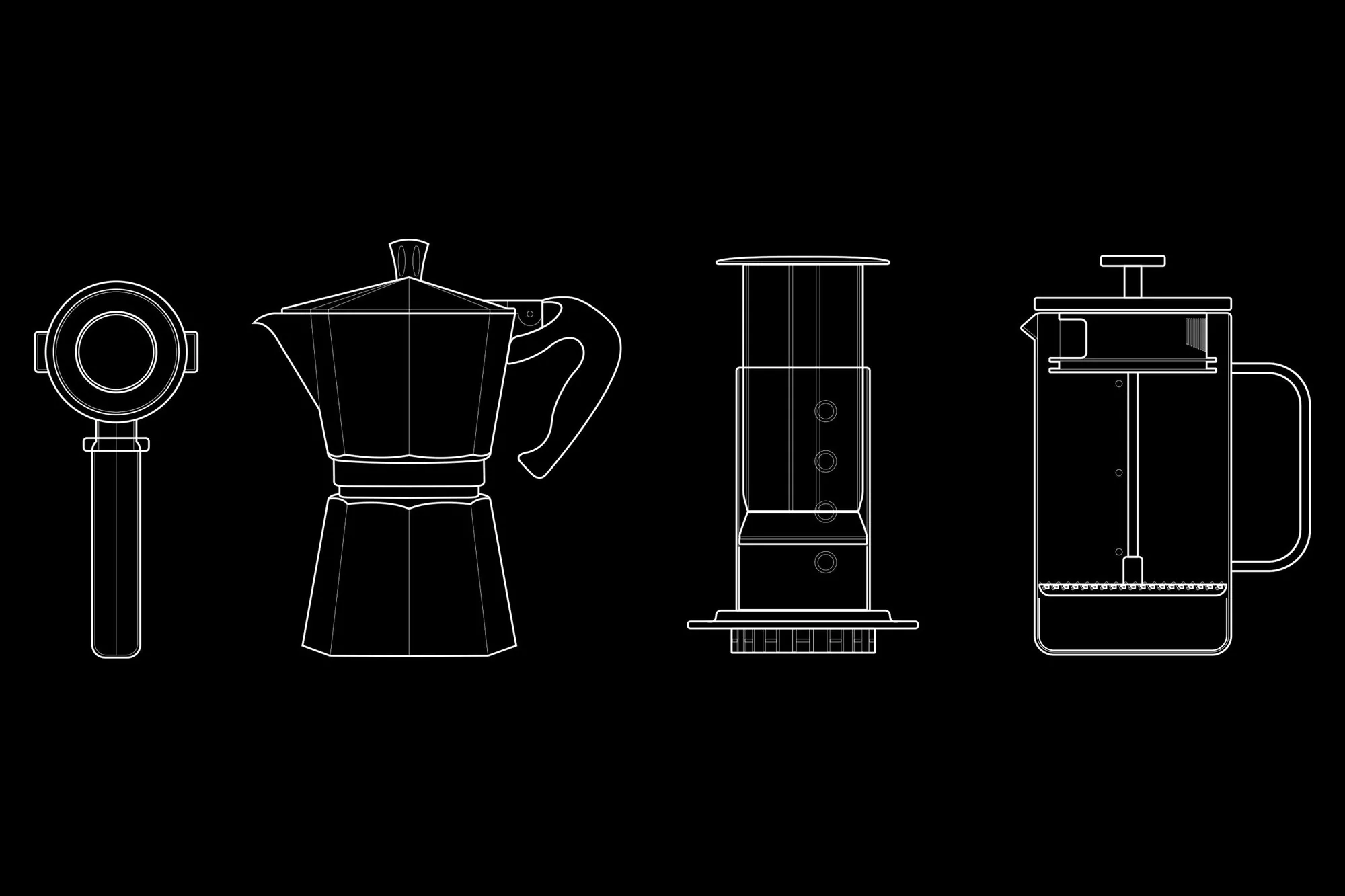 Illustration of an espresso maker, moka pot, Aeropress coffee maker, and French press, all rendered in white lines on a black background.