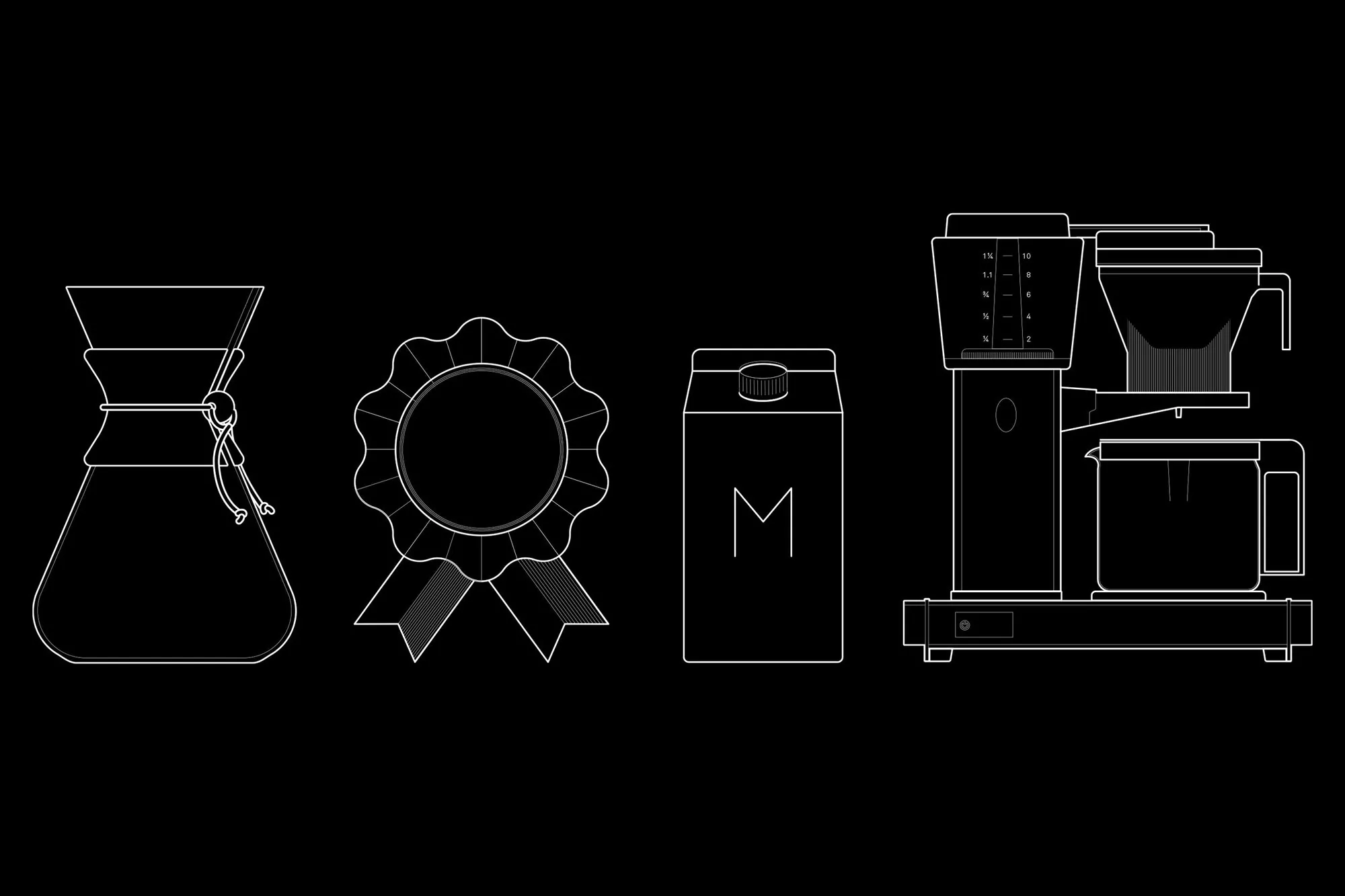 Line art illustration on black background showcasing a pour-over coffee maker, award ribbon, milk carton, and drip coffee machine.