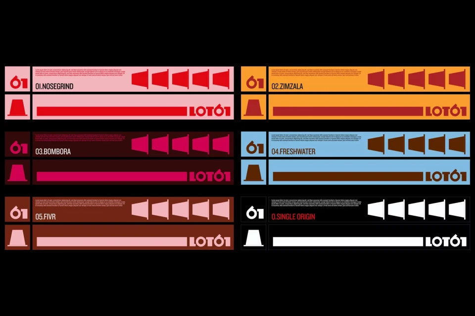 Geometric graphic design in pink, orange, brown, blue and white on a black background features megaphone shapes and 'LOTÓI' text.