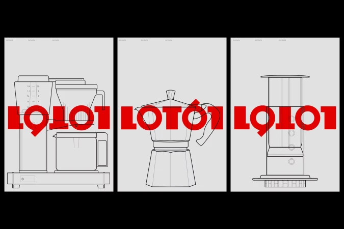 Three minimalist graphic posters featuring black outline illustrations of coffee makers overlaid with bold red text.