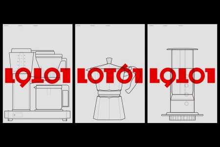 Three minimalist graphic posters featuring black outline illustrations of coffee makers overlaid with bold red text.