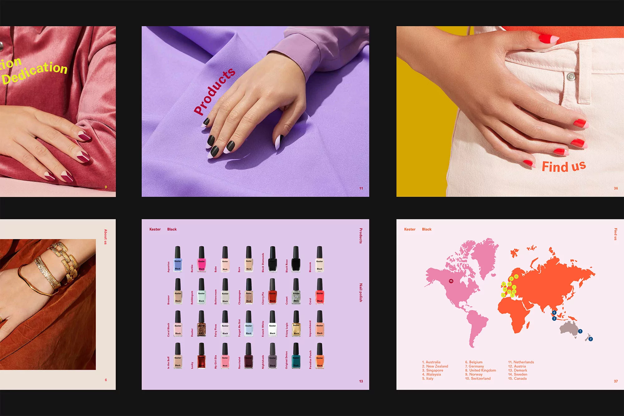 A collage of six images featuring female hands with manicured nails, beauty products, and a world map on colorful backgrounds.