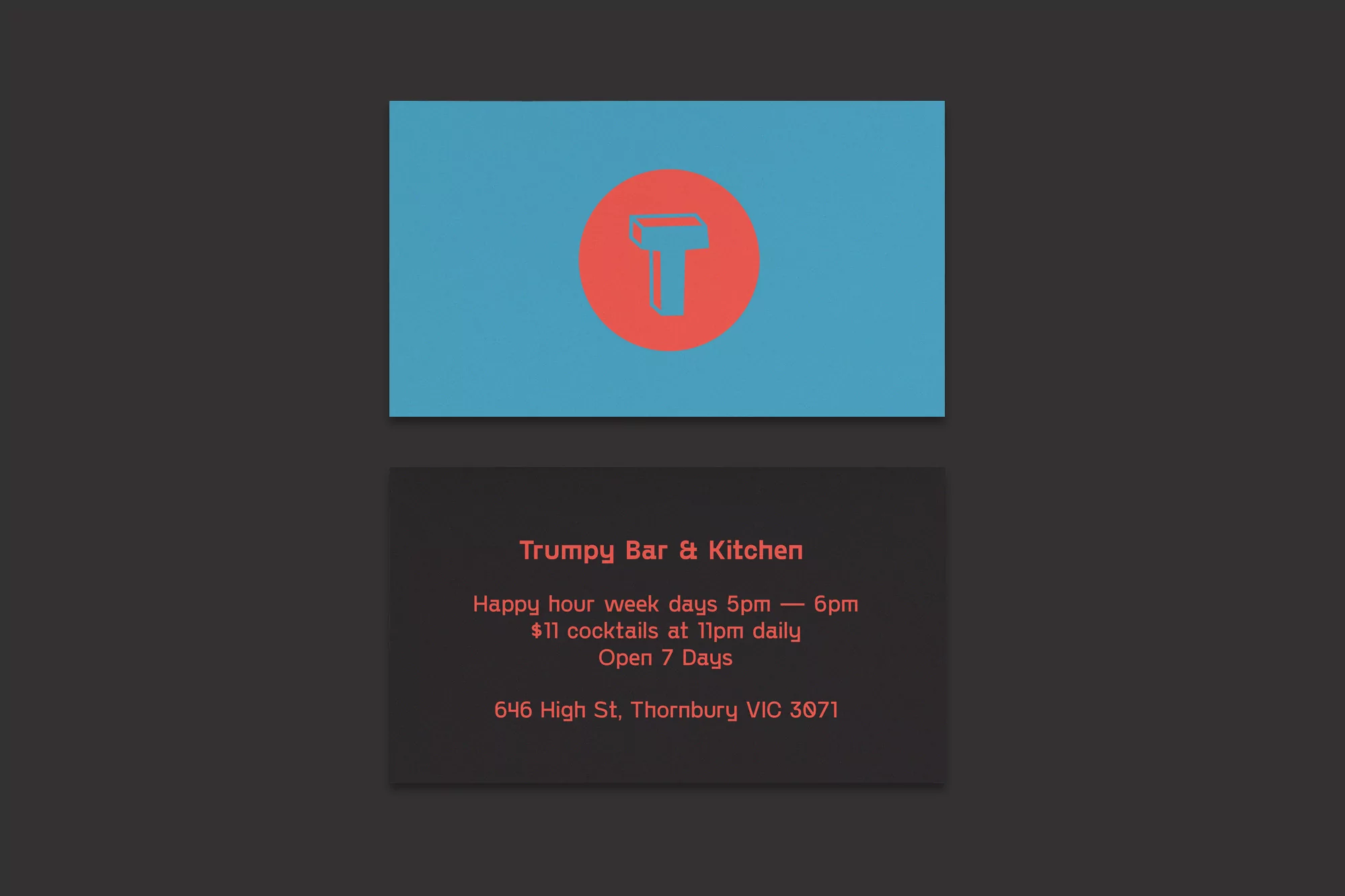 Graphic design layout featuring brand logo and promotional text against a dark gray background, suitable for a bar or restaurant.