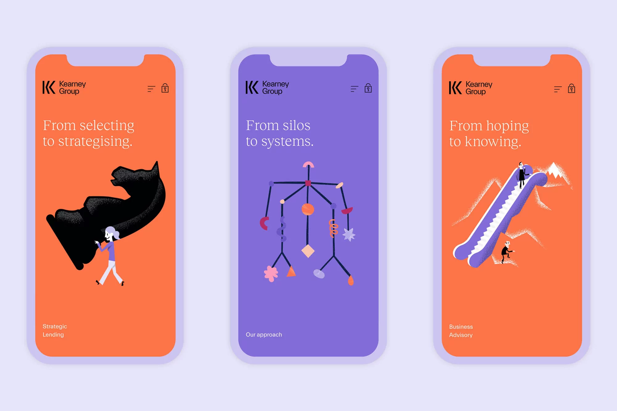 Illustrated mobile phone screens showcase brand messaging and abstract graphics in orange, purple, and blue hues, promoting business solutions.