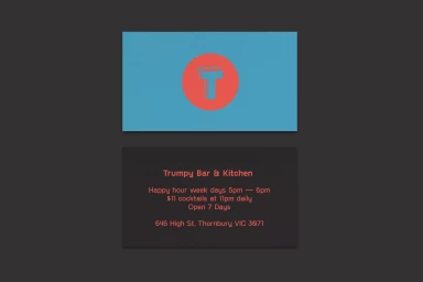 Two business cards with blue and dark grey designs, featuring a red circular logo and restaurant information text.