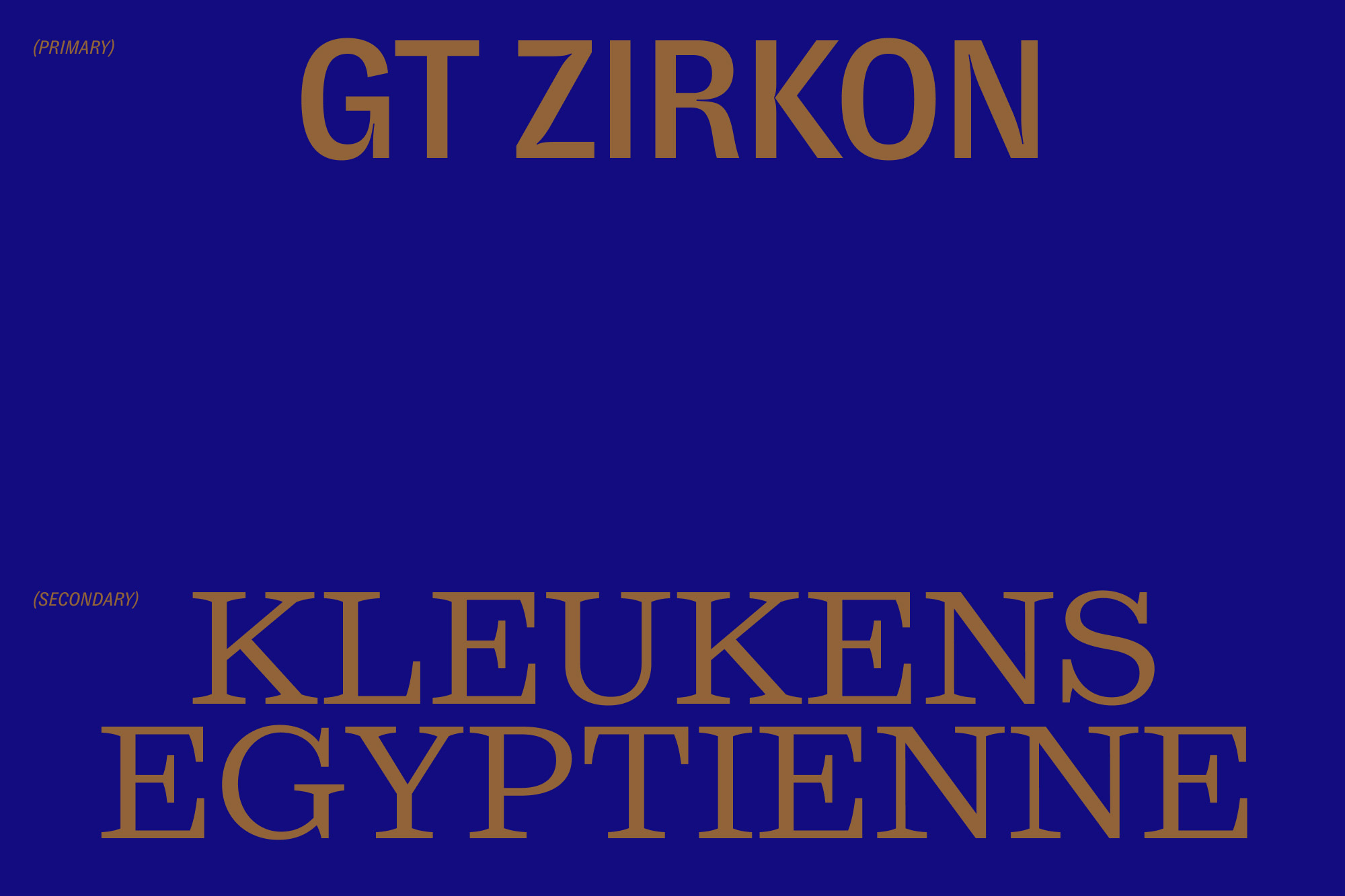 Text art on a blue background with the words 'GT ZIRKON' at the top and 'KLEUKENS EGYPTIENNE' at the bottom, all in brown.