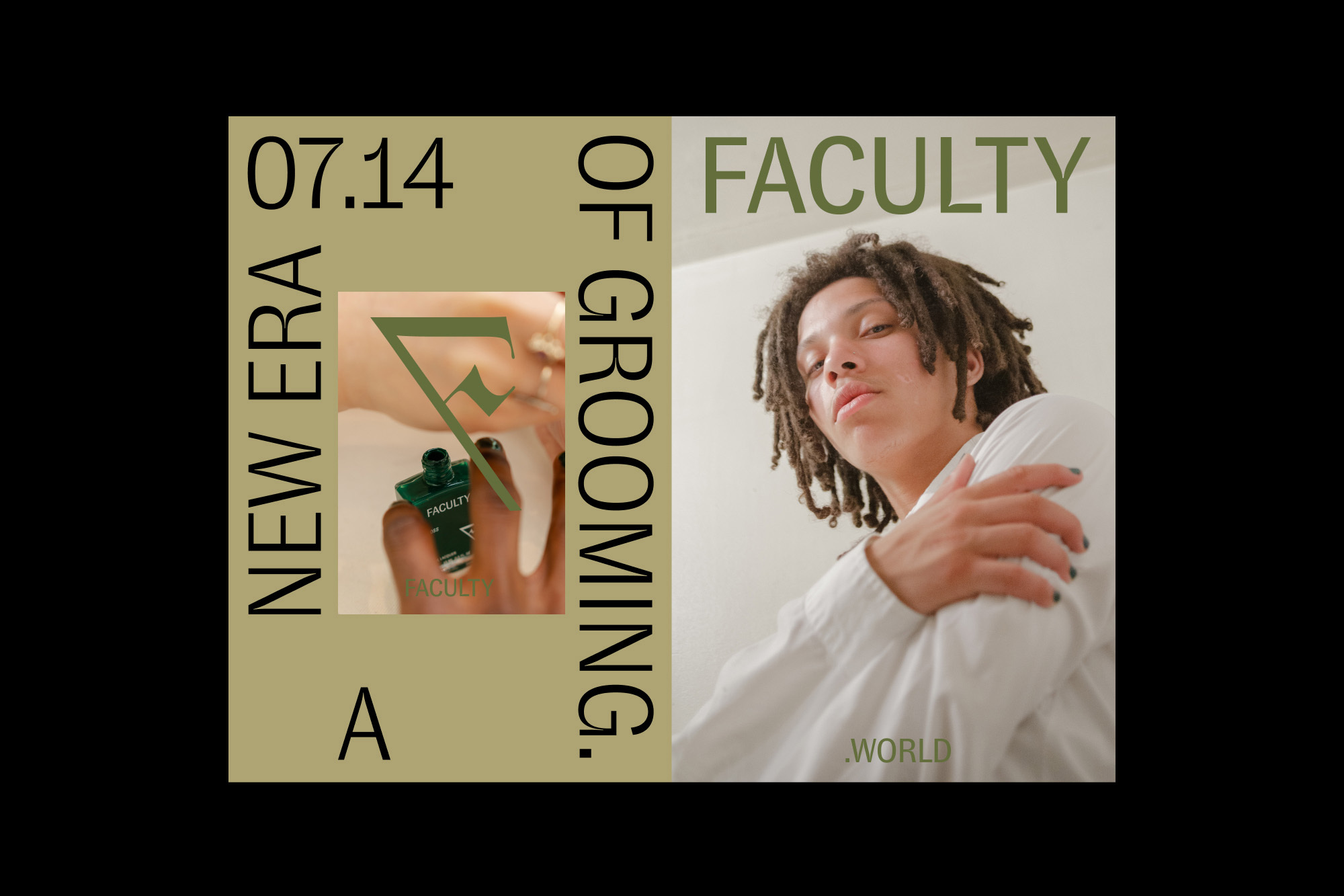 Grooming product ad featuring an adult with dreadlocks in a white shirt, and a hand applying nail polish in a studio setting.