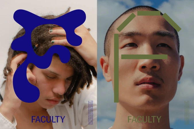 Split-screen portrait of two adult male models with stylized blue and green accents and the text 'FACULTY' below each.