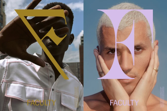 Two portraits of male models with the letter F imposed over each face, set against urban and sky backgrounds, fashion brand aesthetic.