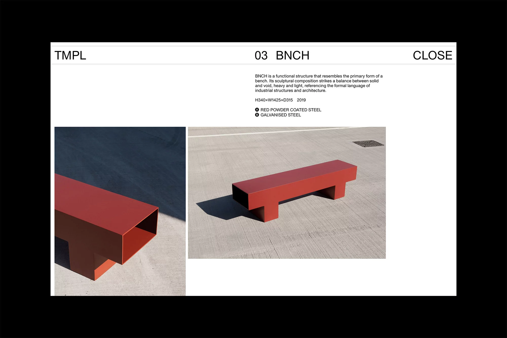 Red powder-coated steel bench on concrete surface, architectural design object with minimalist lines and industrial aesthetic.