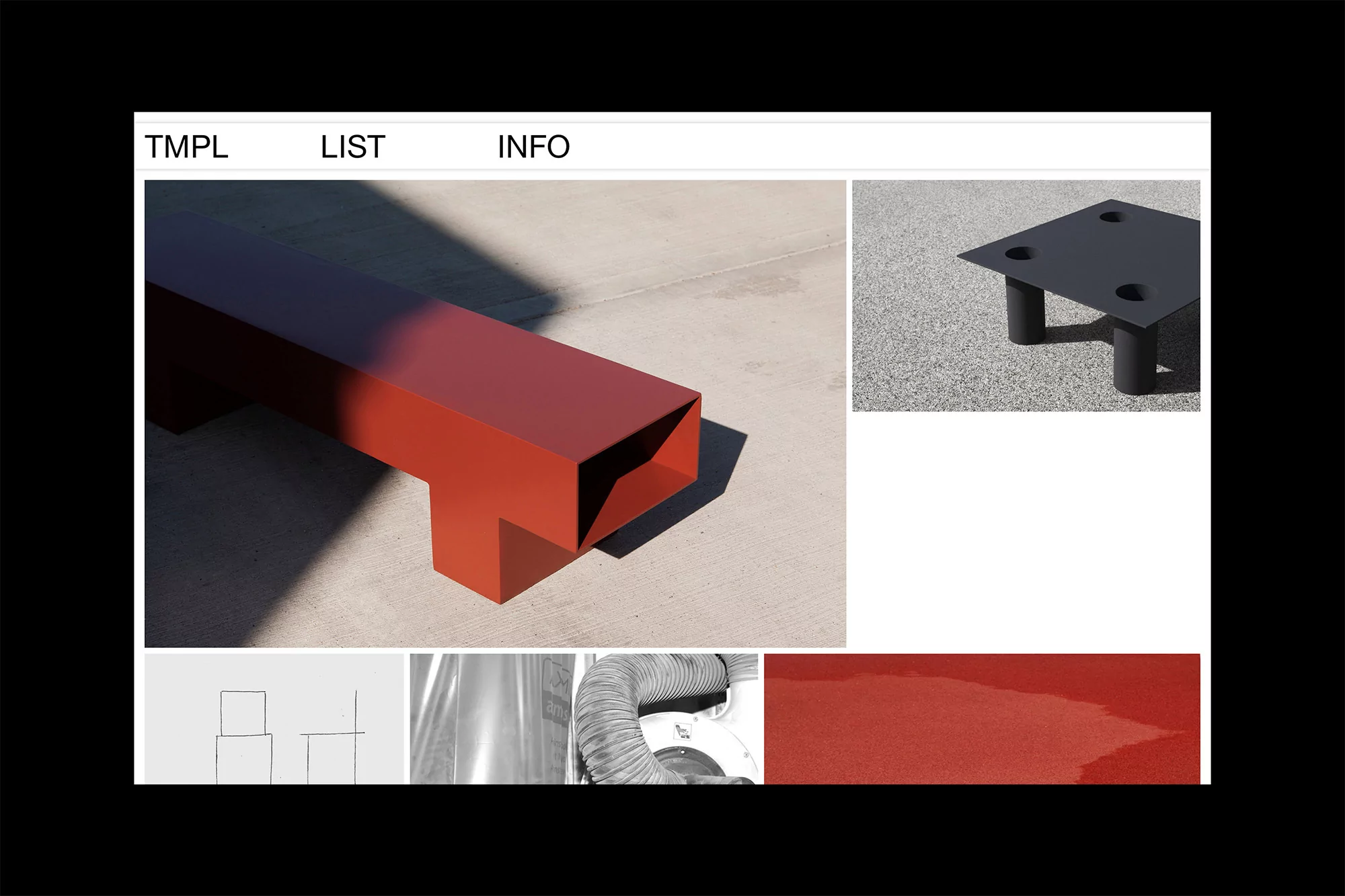 Abstract geometric design featuring a red hollow rectangular prism and a black table with cylindrical legs against a grey backdrop.