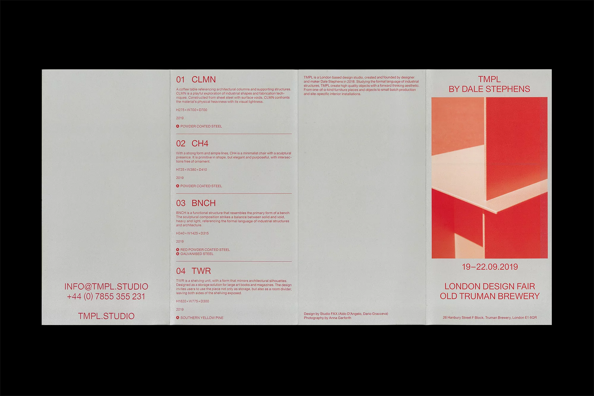 Promotional material for the TMPL studio exhibition at the London Design Fair, featuring a geometric graphic and studio information.