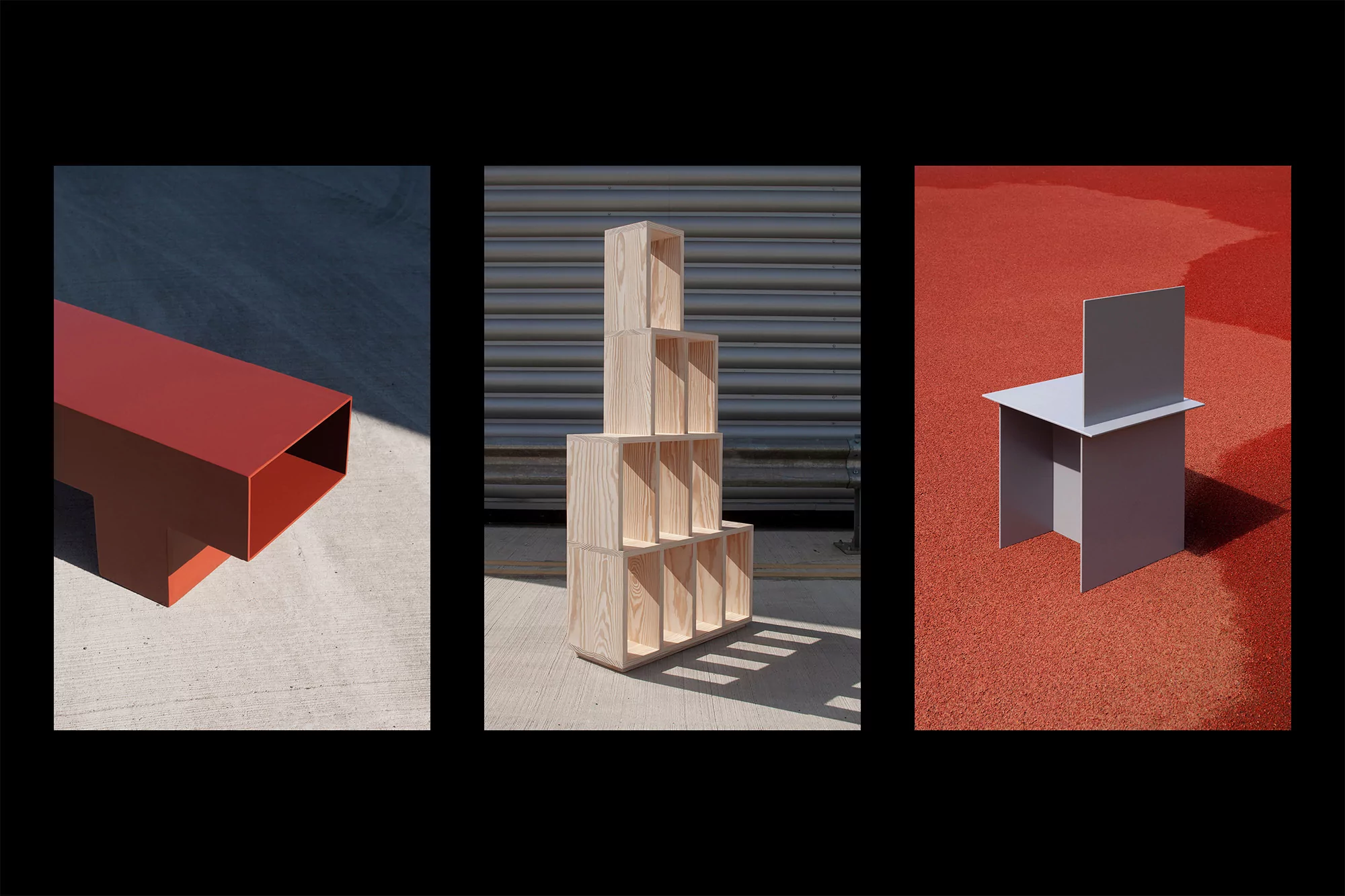 Abstract composition featuring a red rectangular form, a stacked wooden box structure, and a gray minimalist chair against colorful backgrounds.