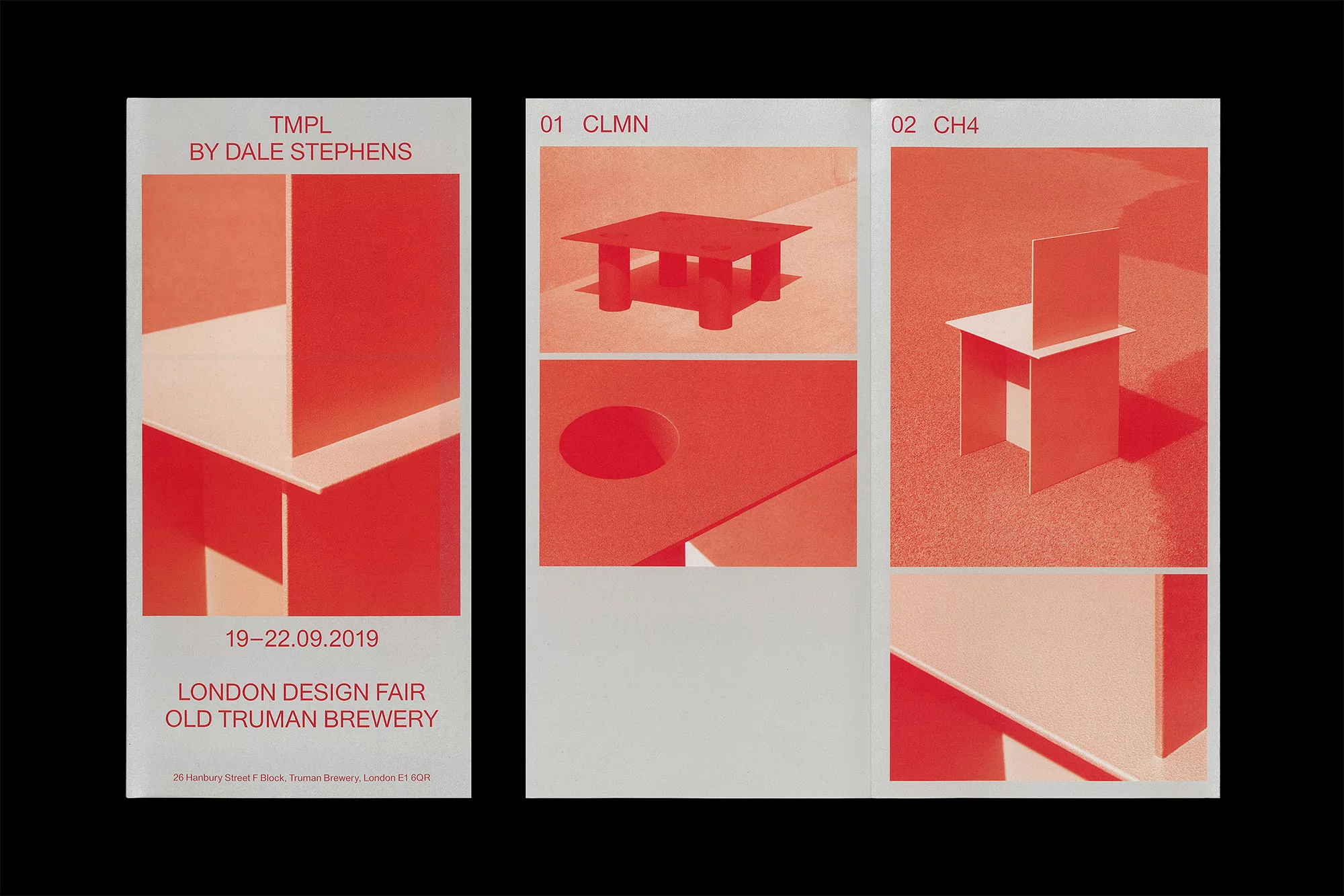 Promotional poster showcasing red and white architectural design prototypes for a London Design Fair in the Old Truman Brewery in 2019.