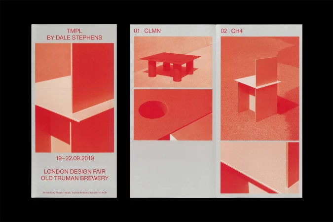 Promotional poster showcasing red and white architectural design prototypes for a London Design Fair in the Old Truman Brewery in 2019.