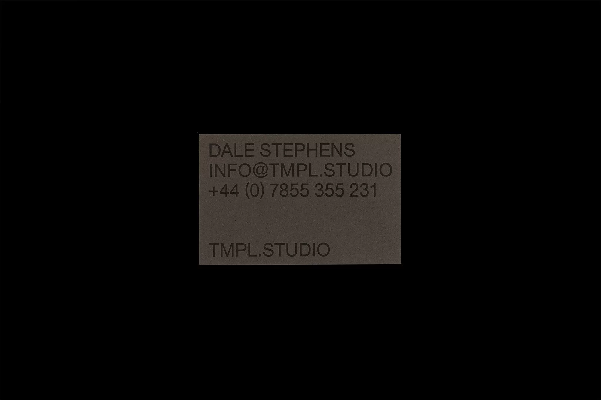 Close-up of contact information including name Dale Stephens, email INFO@TMPL.STUDIO, phone number +44 (0) 7855 355 231, and website TMPL.STUDIO.