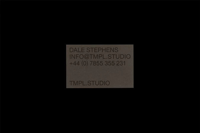 Close-up of contact information including name Dale Stephens, email INFO@TMPL.STUDIO, phone number +44 (0) 7855 355 231, and website TMPL.STUDIO.