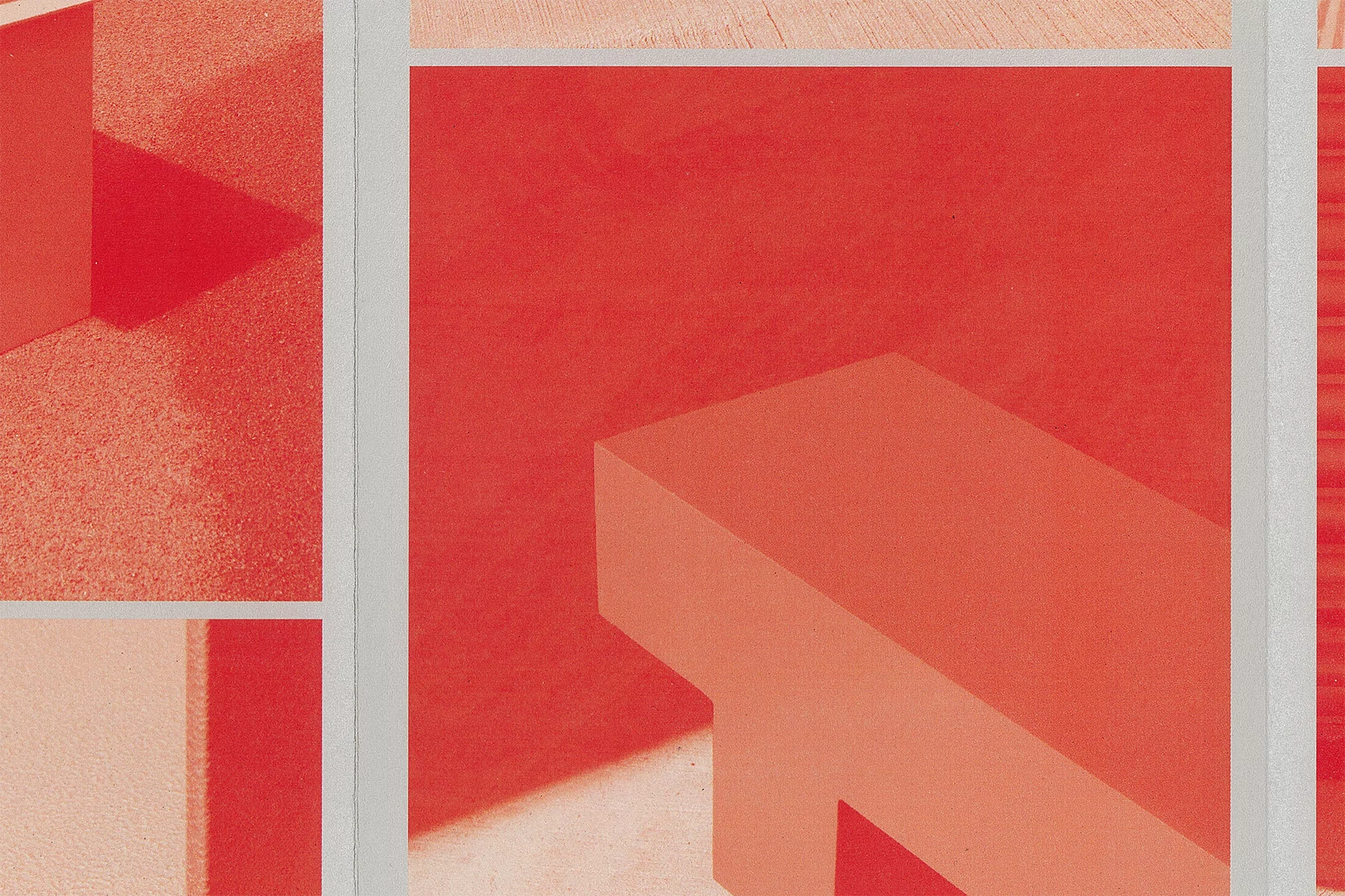 Geometric collage art featuring red and orange hues, showcasing abstract shapes and forms in a modern, minimalist style composition.
