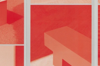 Geometric blocks in red and orange tones arranged in a multi-paneled print layout for TMPL brand identity
