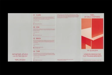 Tri-fold product brochure layout in red and white featuring minimalist furniture descriptions and geometric graphics for TMPL.