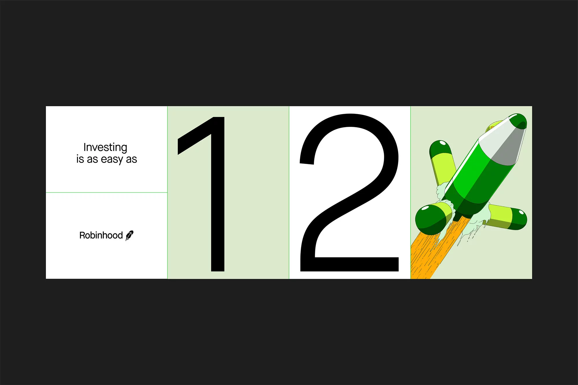 Illustration of the Robinhood investing platform interface showing the text 'Investing is as easy as' next to a rocket taking off.