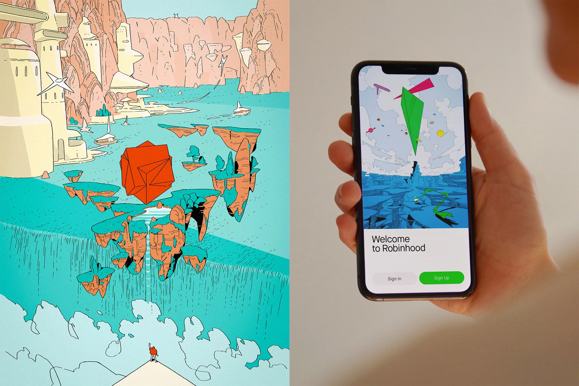 Illustration on a phone, showcasing an abstract landscape with floating islands and geometric shapes, alongside a digital artwork of a similar scene.