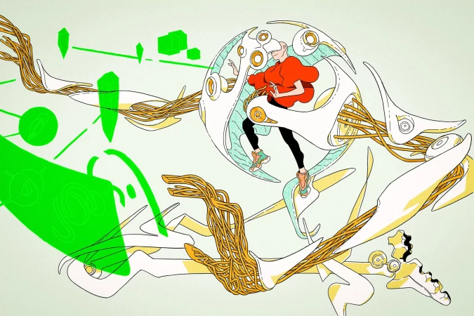 Illustration of a person in a VR headset in a futuristic environment with geometric shapes and flowing lines, showcasing technology and design.