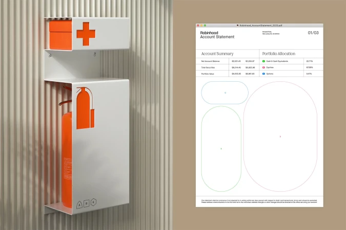 White shelving unit with orange accents featuring a fire extinguisher and first aid kit, displayed next to an account statement.