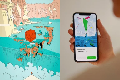 Hand holding a smartphone displaying a Robinhood app interface with an illustrated landscape showing floating islands.