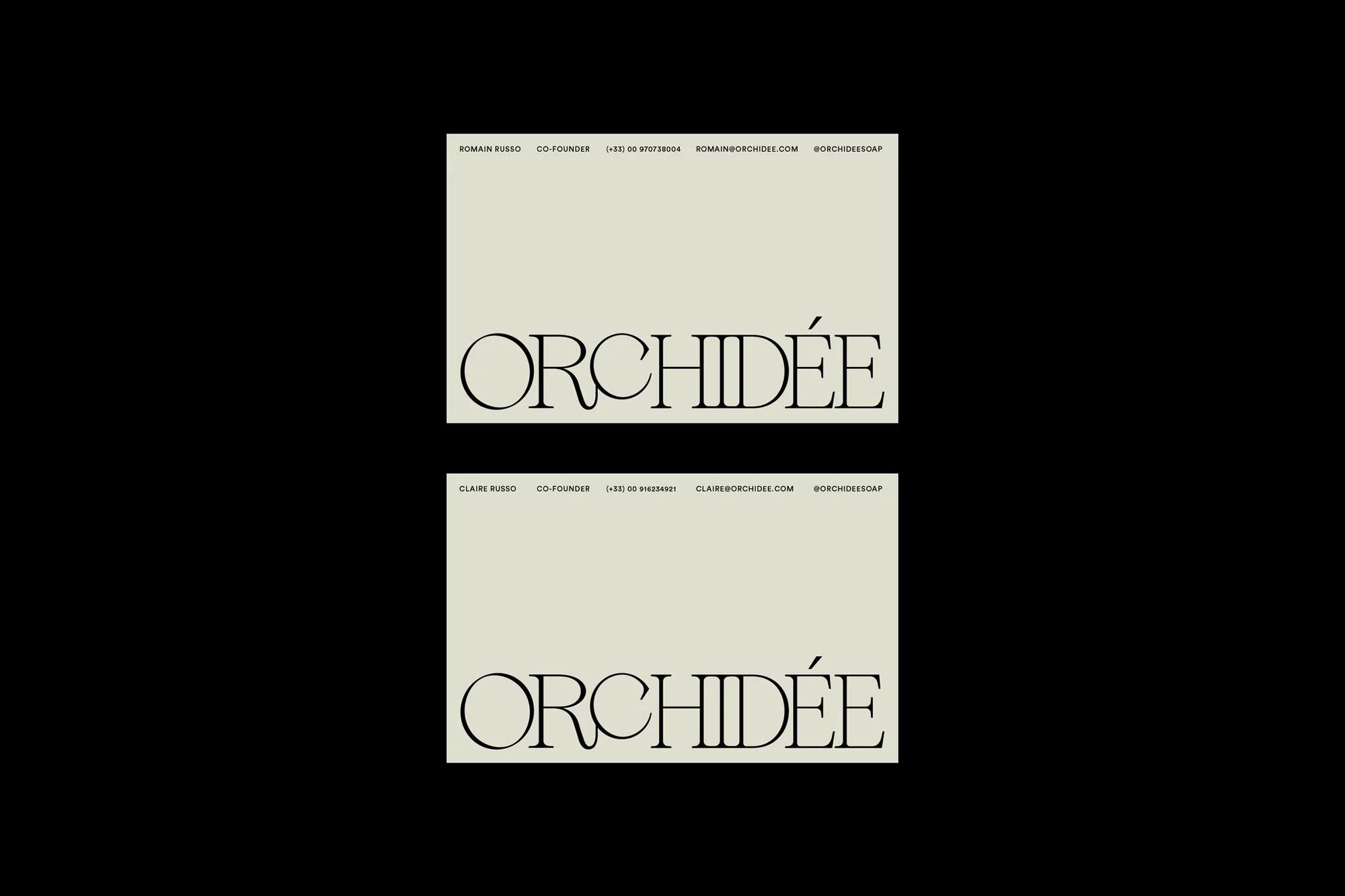 Two brand logos for Orchidée in black text on a light beige background showcasing a minimalist aesthetic and elegant design.