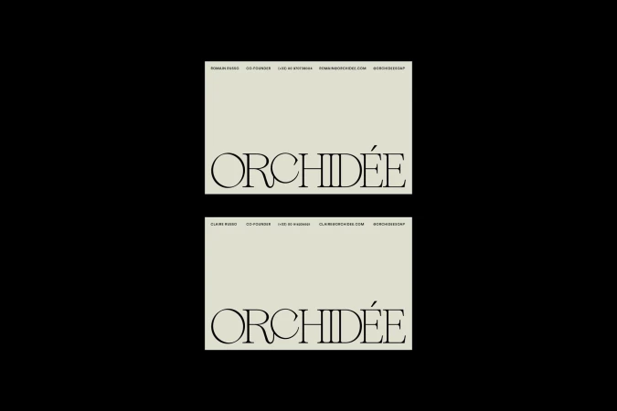 Two brand logos for Orchidée in black text on a light beige background showcasing a minimalist aesthetic and elegant design.