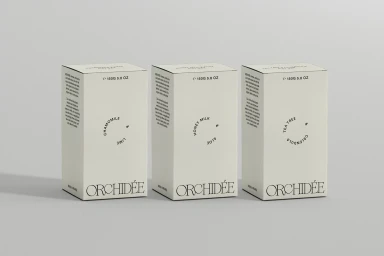 Three pale rectangular product boxes with minimalist typography arranged in a row on a grey surface.