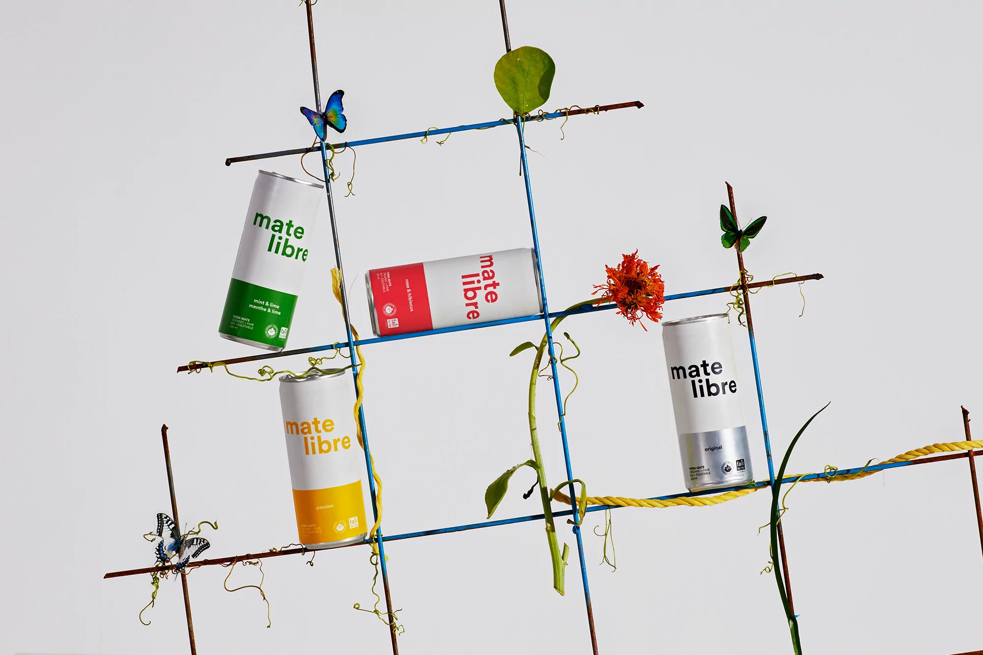 Four cans of Mate Libre drink are arranged on a blue grid with flowers and vines against a white background in a studio shot.