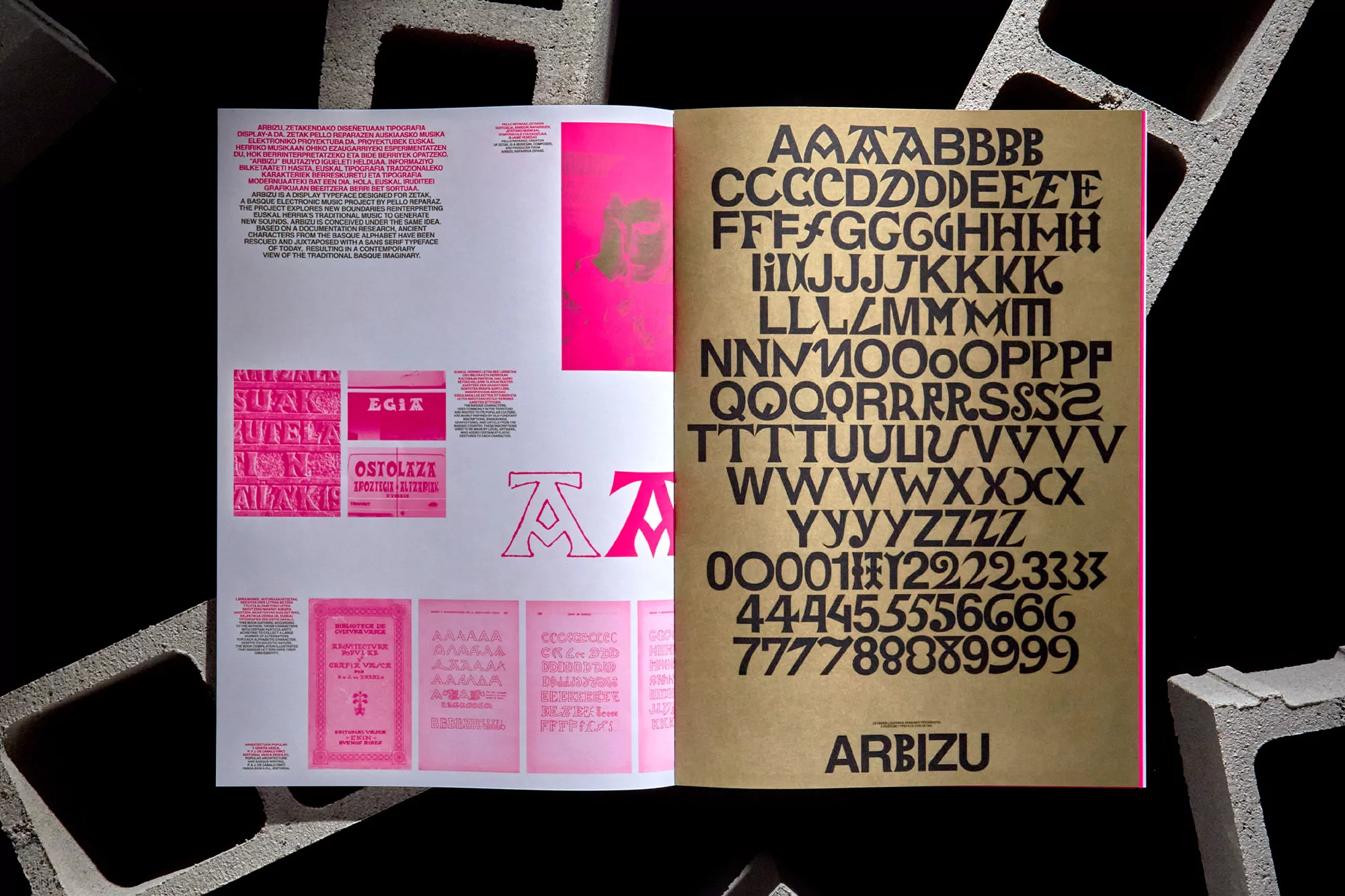 Open book with pages showing a variety of stylized black fonts and numbers on tan and pink backgrounds, set against gray blocks.