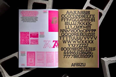Open publication showcasing typography specimens and layout grids against a concrete block background