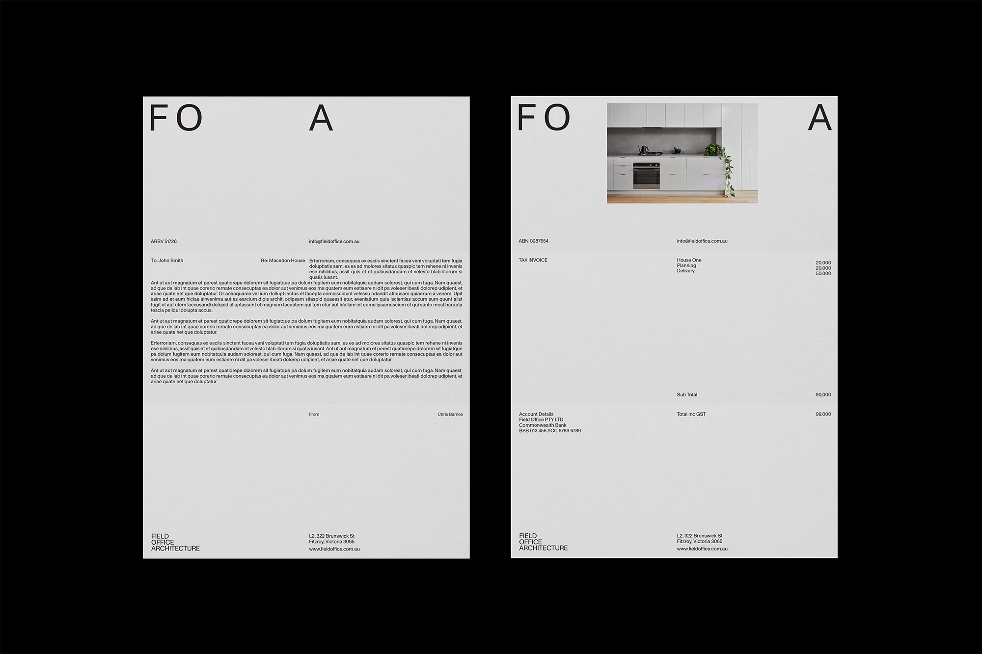 Two Field Office Architecture letterheads, one showcasing a kitchen photo, set against a solid black backdrop, with clear typography.