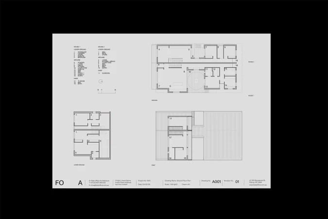 Architectural blueprint of house floor plans, showing layouts for lower ground, ground, and first floors with corresponding dimensions.