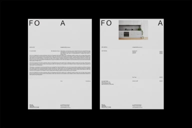 Two minimalist white corporate stationery documents featuring clean typography and branding for Field Office Architecture